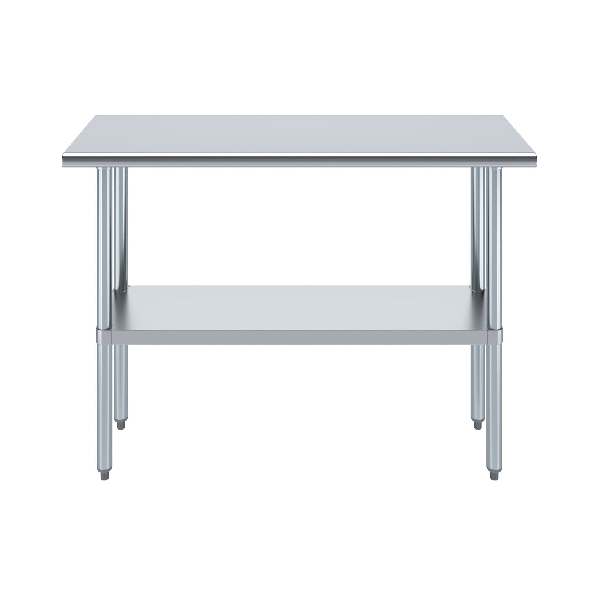 Stainless steel work table with 18-gauge countertop in a commercial kitchen.
